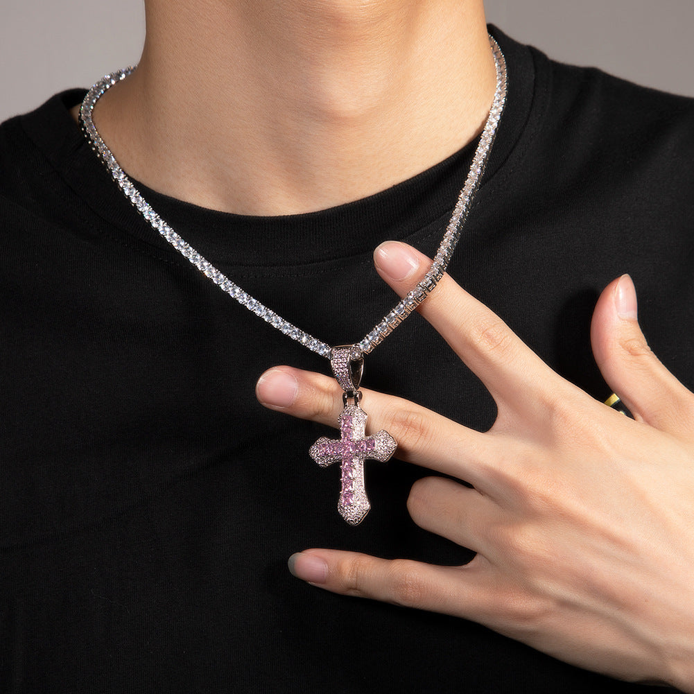 Hip-hop copper-inlaid purple zircon cross necklace