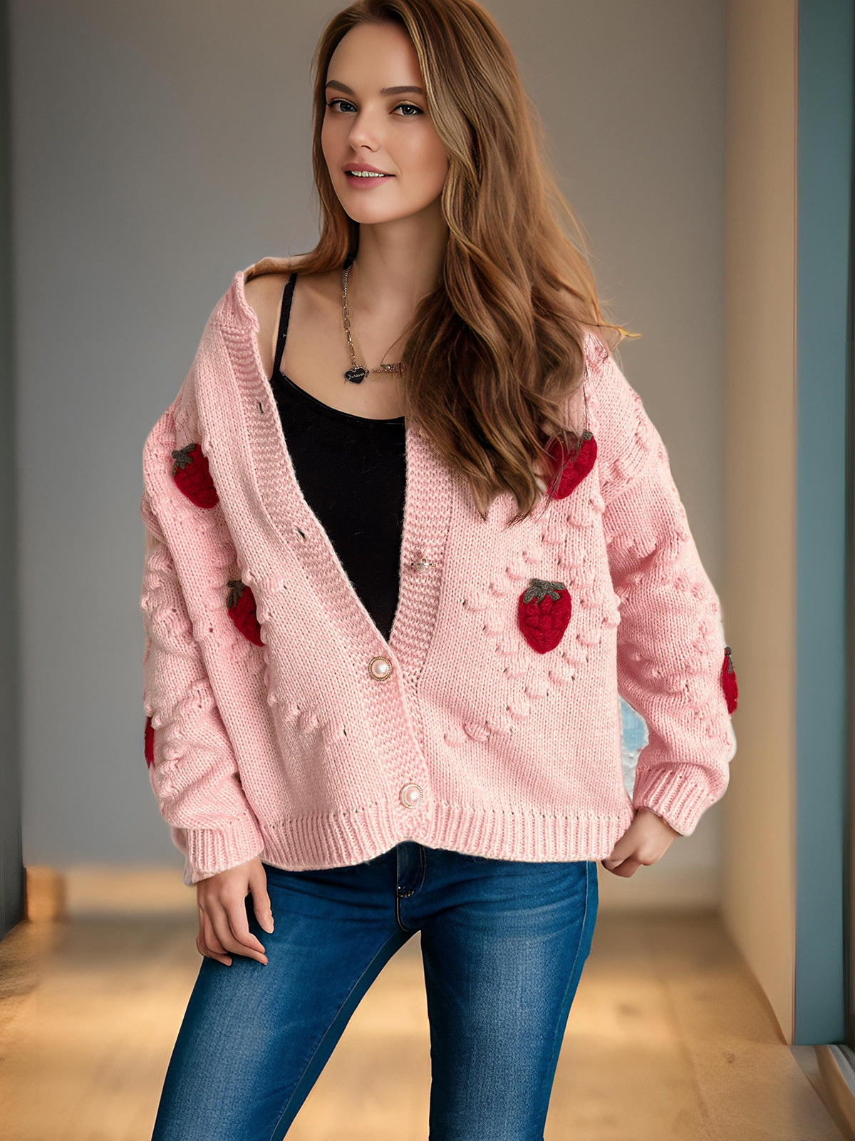 Autumn Winter Crocheted Embroidery Three Dimensional Strawberry Twist Pearl Buckle Knitted Sweater Cardigan Coat