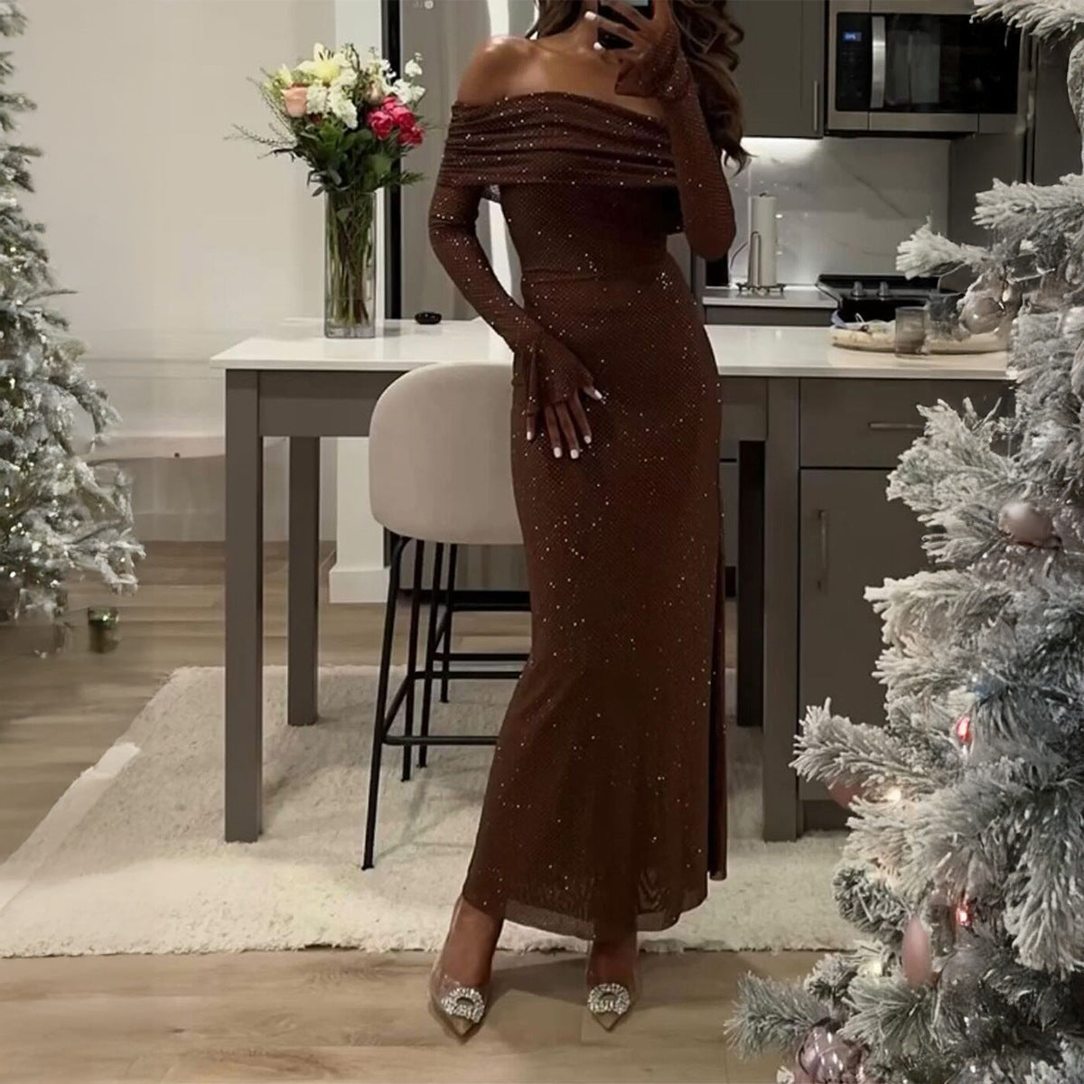 Elegant Solid Color Long Sleeved Dress Women Clothing Autumn Winter