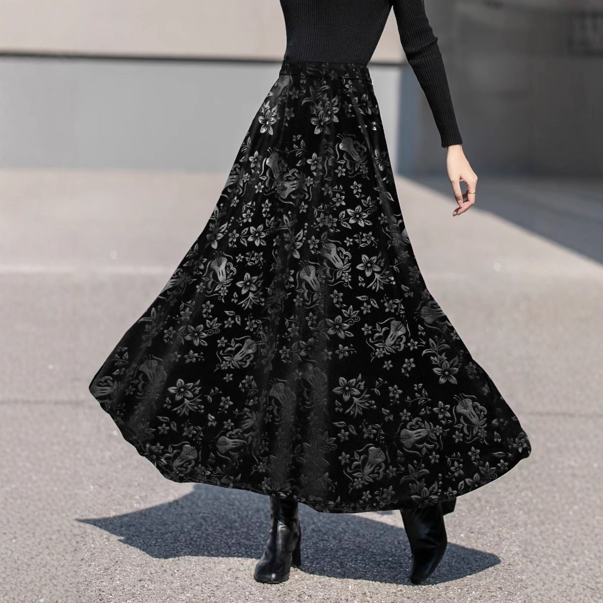 Autumn Winter Elegant High Grade Large Swing Skirt Printed Velvet Skirt Women Clothing