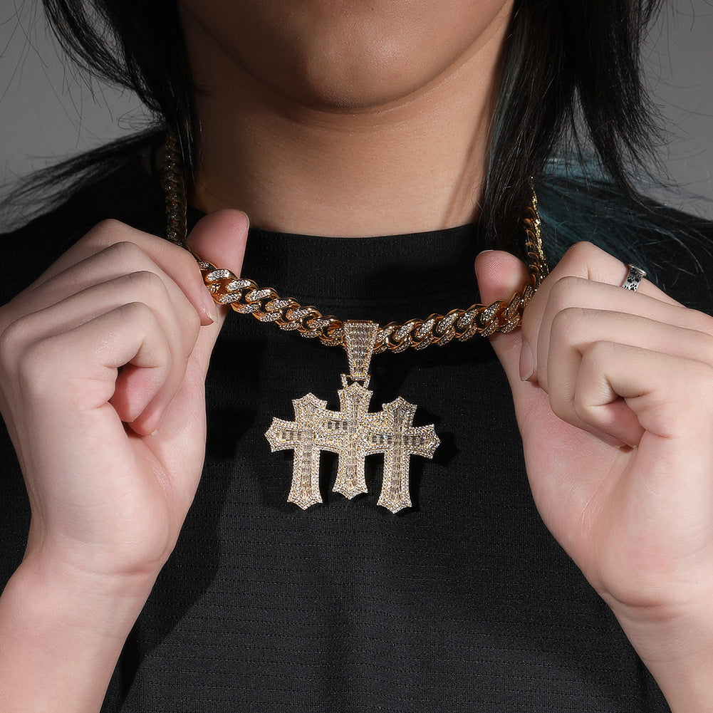Hip-hop diamond-encrusted zircon three-cross Cuban necklace