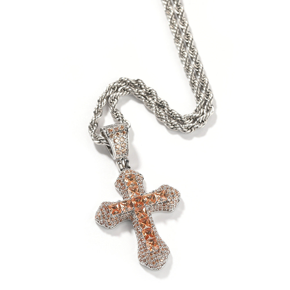 Blue Zircon Cross Hip-hop Necklace