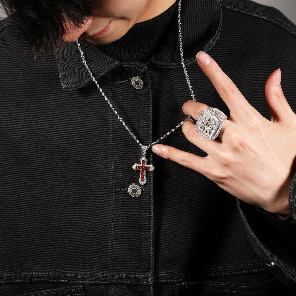 Blue Zircon Cross Hip-hop Necklace