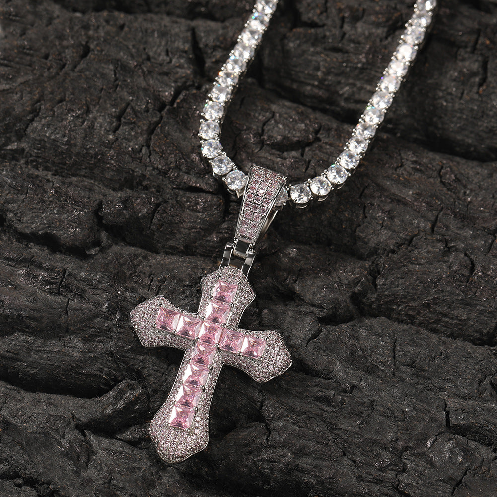Hip-hop copper-inlaid purple zircon cross necklace