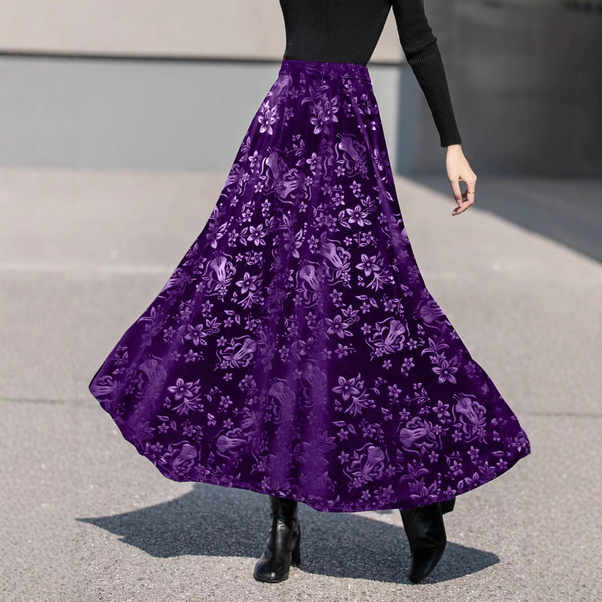 Autumn Winter Elegant High Grade Large Swing Skirt Printed Velvet Skirt Women Clothing