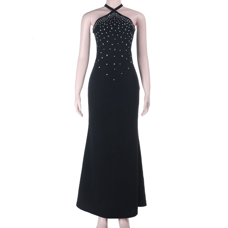 Autumn Winter Halter Party Dinner Rhinestone Sexy Backless Elegant Dress