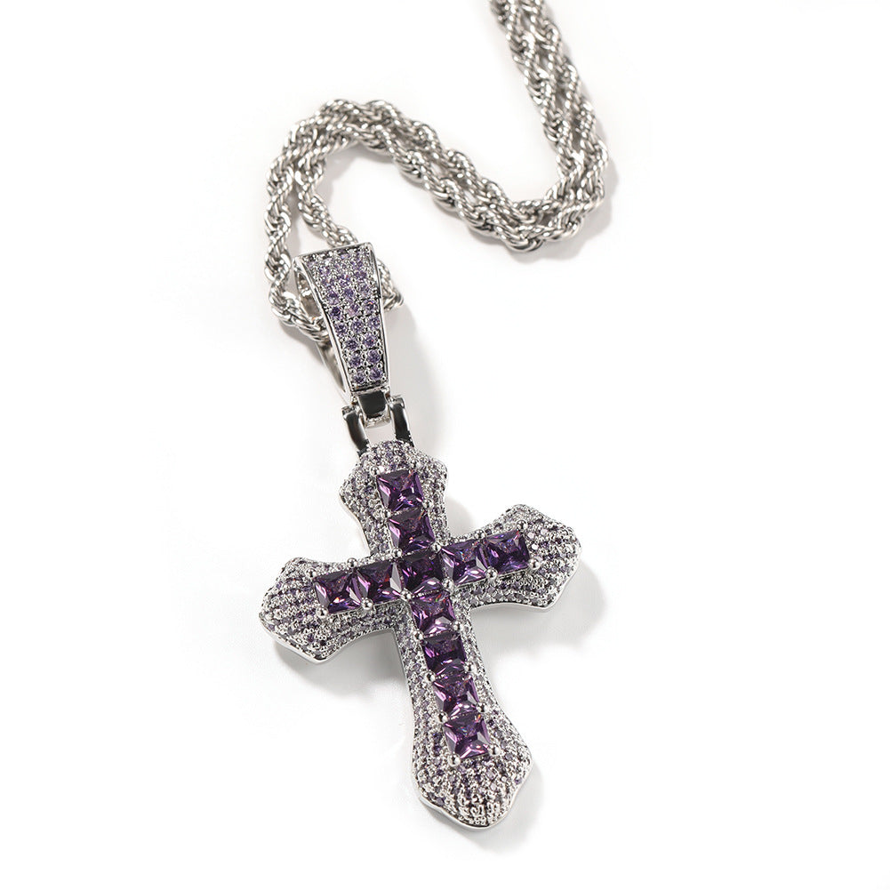 Hip-hop copper-inlaid purple zircon cross necklace