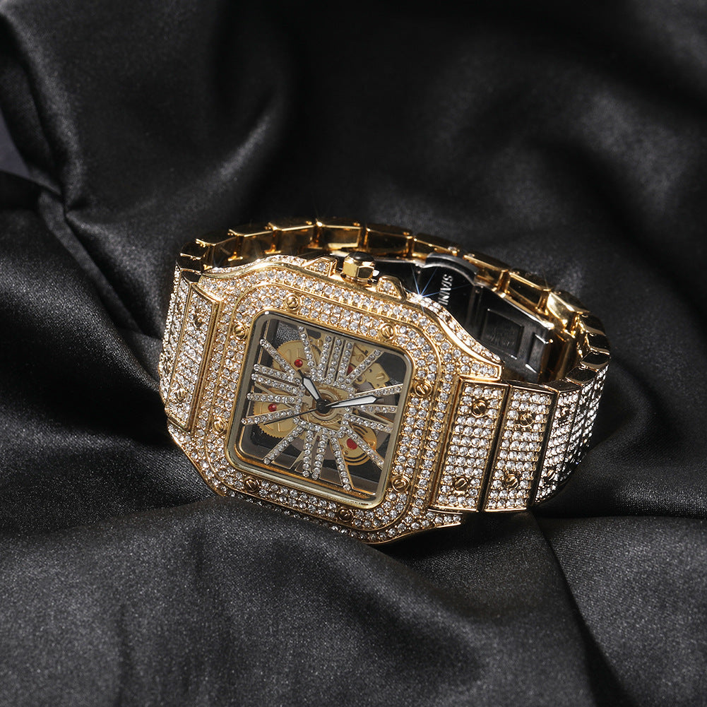 Hip-hop diamond-encrusted hollowed-out square watch