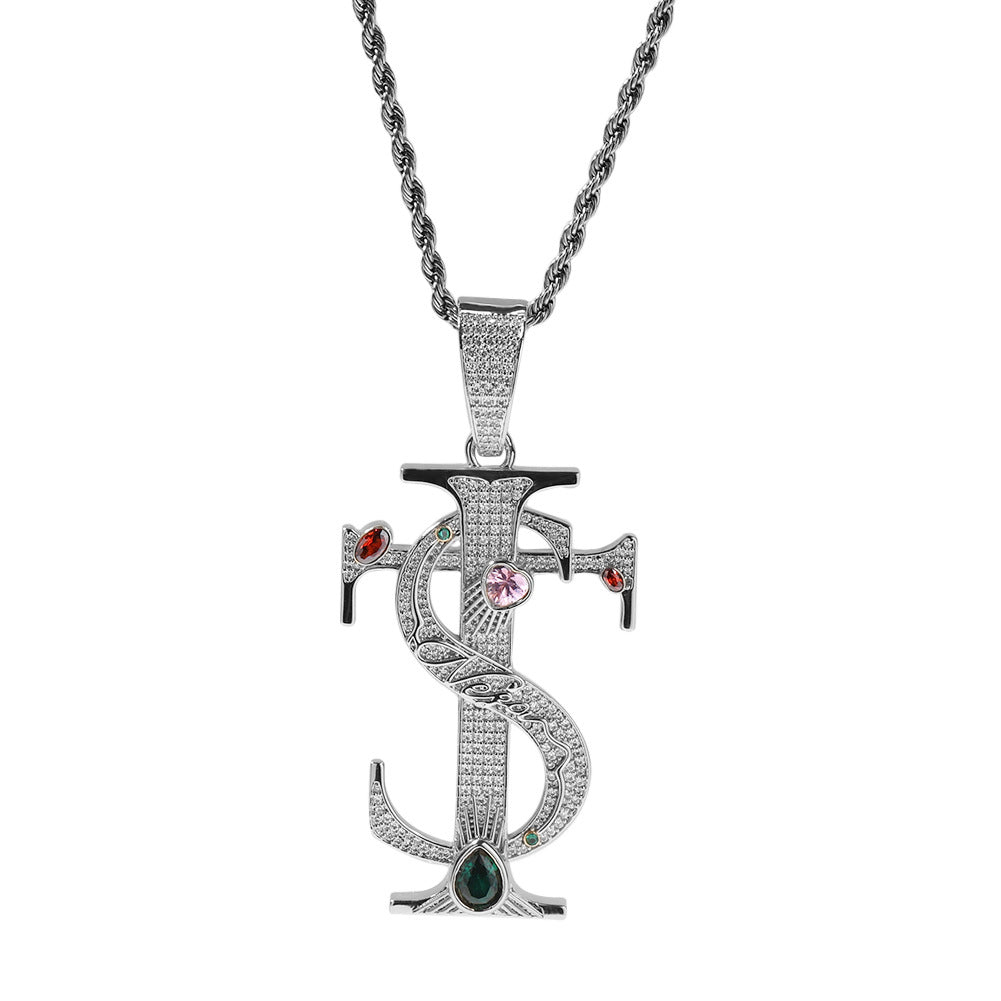 Hip-hop colored zircon TS cross necklace