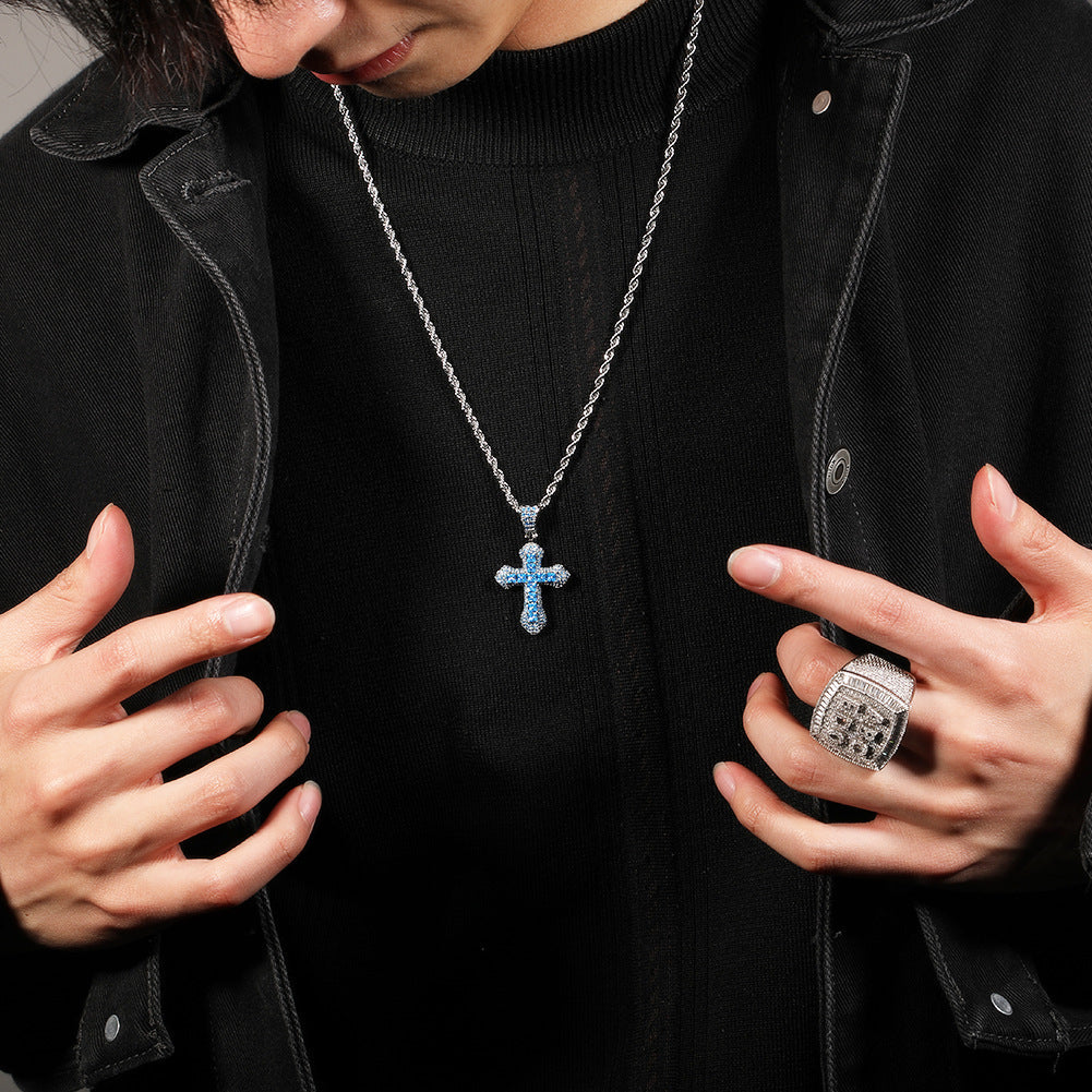 Blue Zircon Cross Hip-hop Necklace