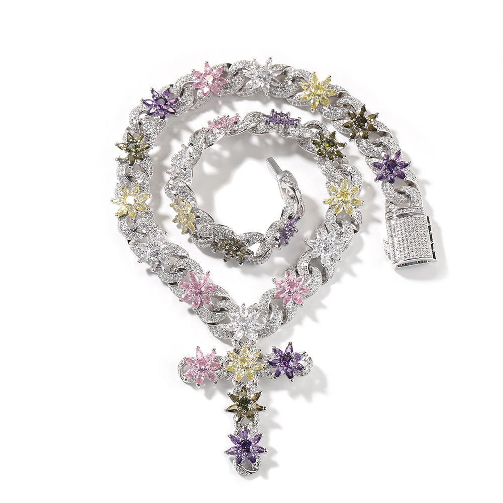 Colorful zircon ice flower cross necklace