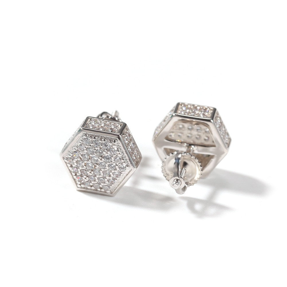 Hip Hop diamond-encrusted 925 silver stud earrings