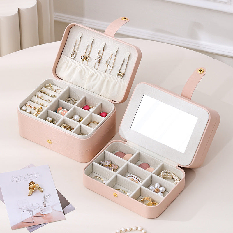 Portable household double-layer storage box with mirror