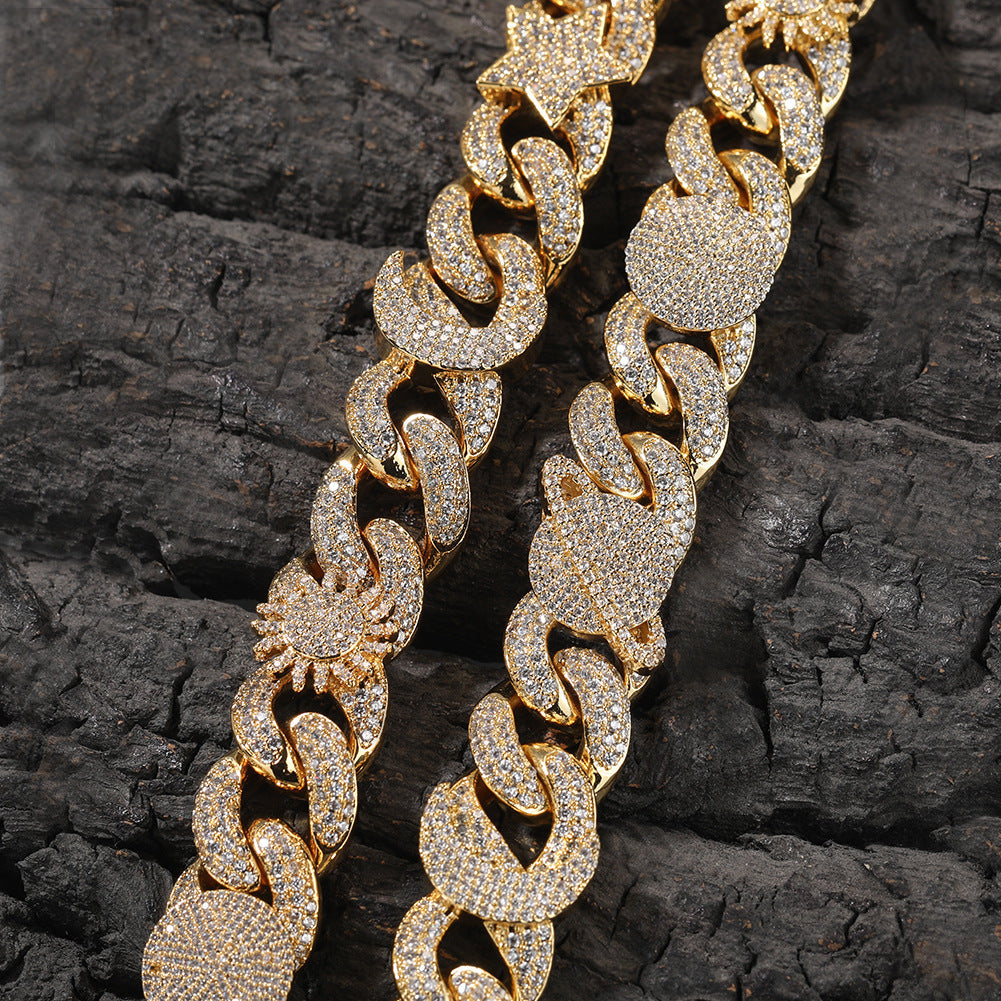Hip-hop zircon-encrusted sun, star and eye necklace