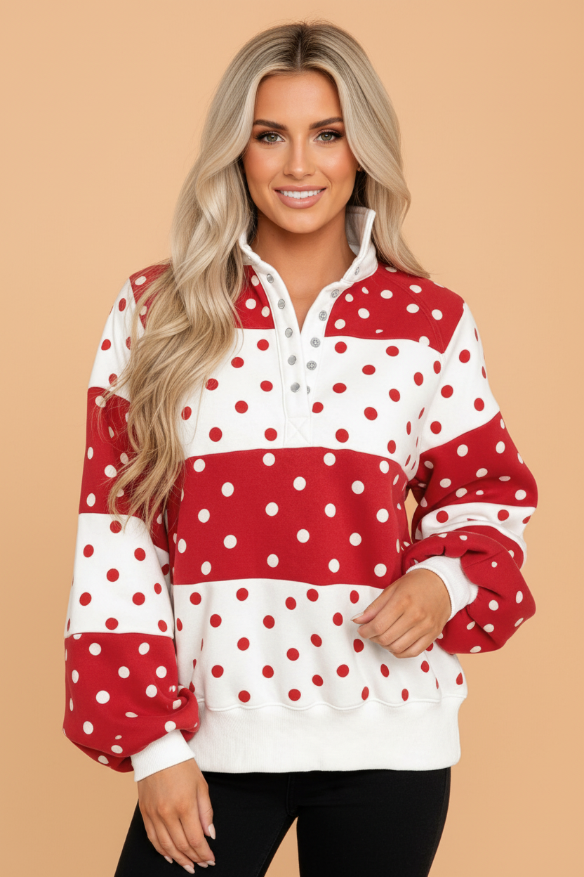 Polka Dot Colorblock Half Button Puff Sleeve Sweatshirt