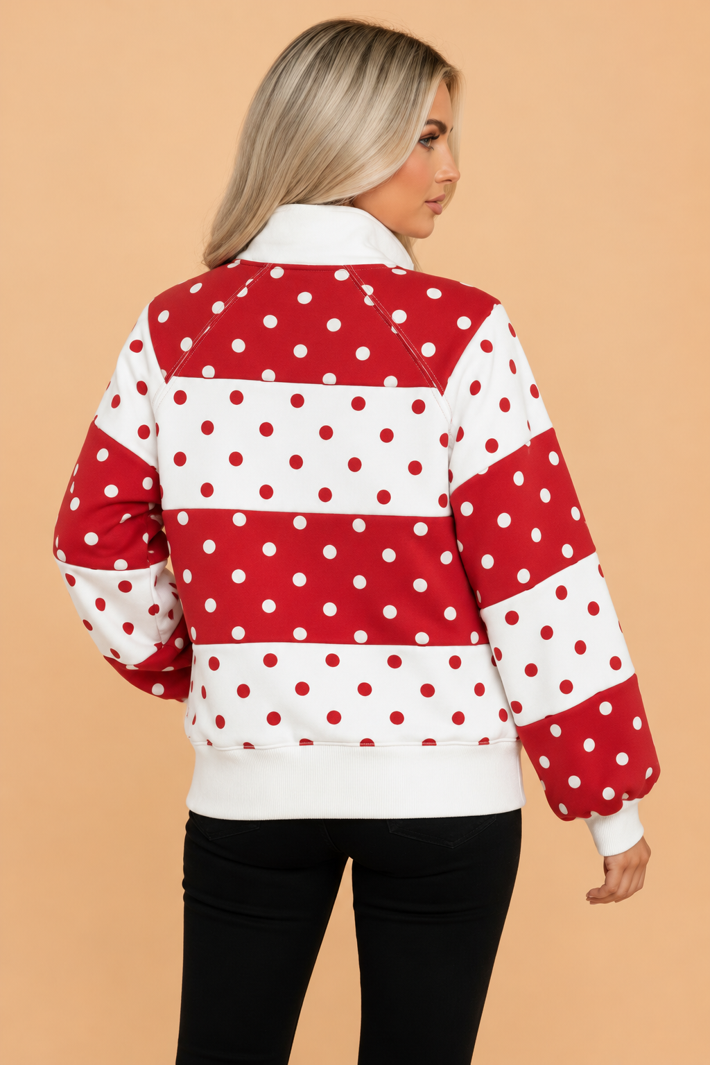 Polka Dot Colorblock Half Button Puff Sleeve Sweatshirt