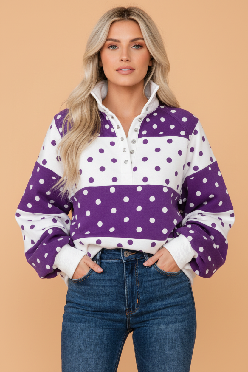 Polka Dot Colorblock Half Button Puff Sleeve Sweatshirt