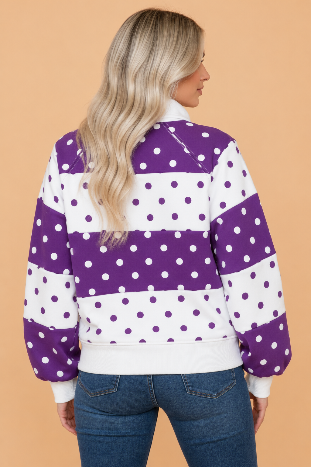 Polka Dot Colorblock Half Button Puff Sleeve Sweatshirt