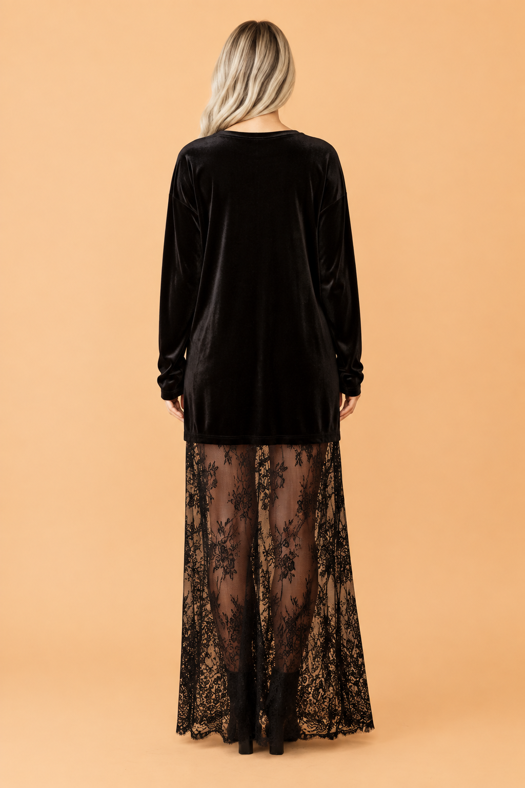 Solid Velvet Lace Hem Long Sleeve Maxi Dress