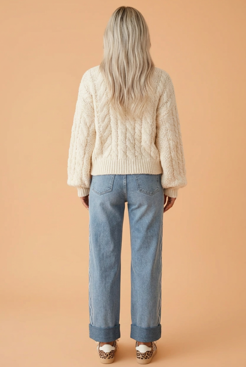 Solid Denim Scalloped Side Seam Mid Rise Jeans