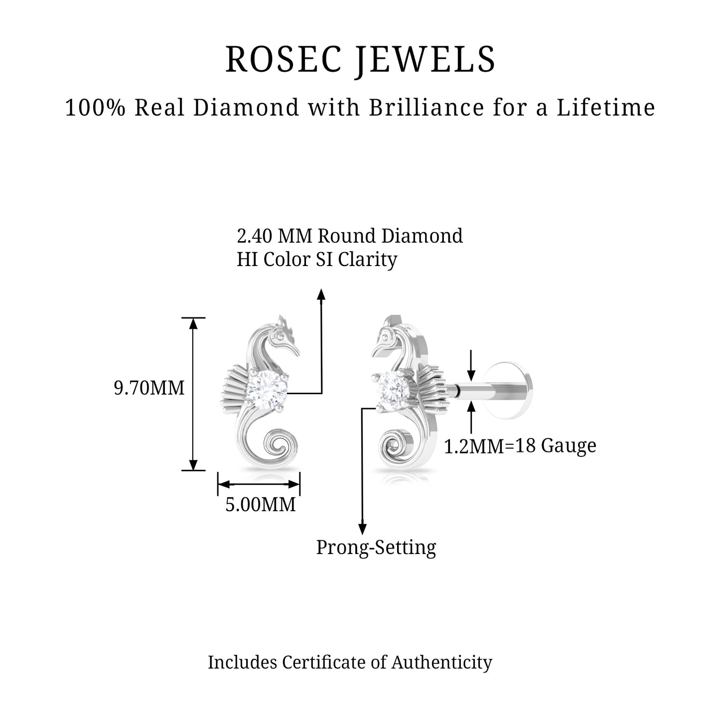 Real Diamond Cute Sea Horse Earring for Helix Piercing