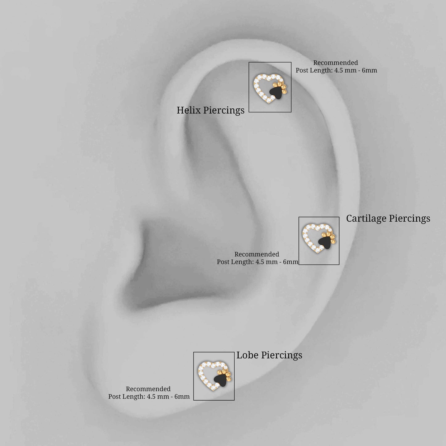 Certified Moissanite Paw and Heart Cartilage Earring with Enamel