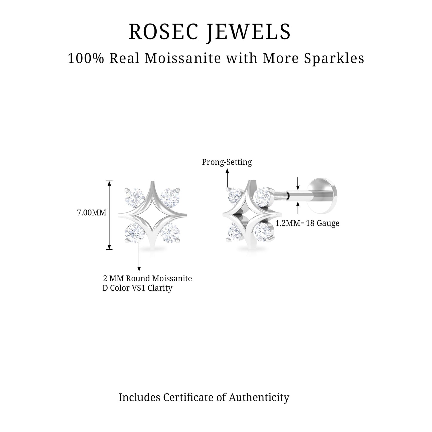 Round Moissanite Star Earring for Helix Piercing