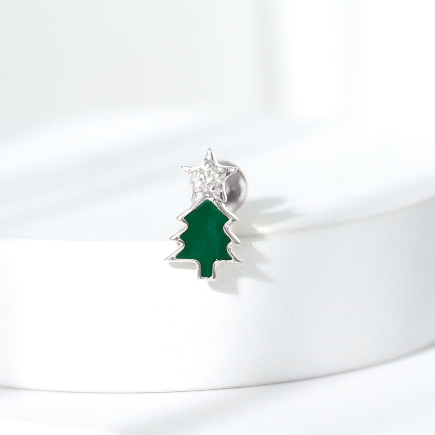 Real Diamond Green Enamel Christmas Tree Cartilage Earring