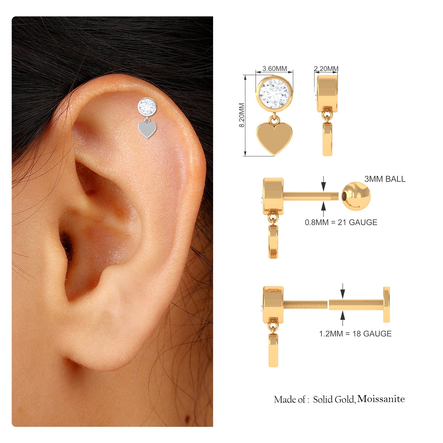 Round Moissanite Heart Drop Earring for Helix Piercing