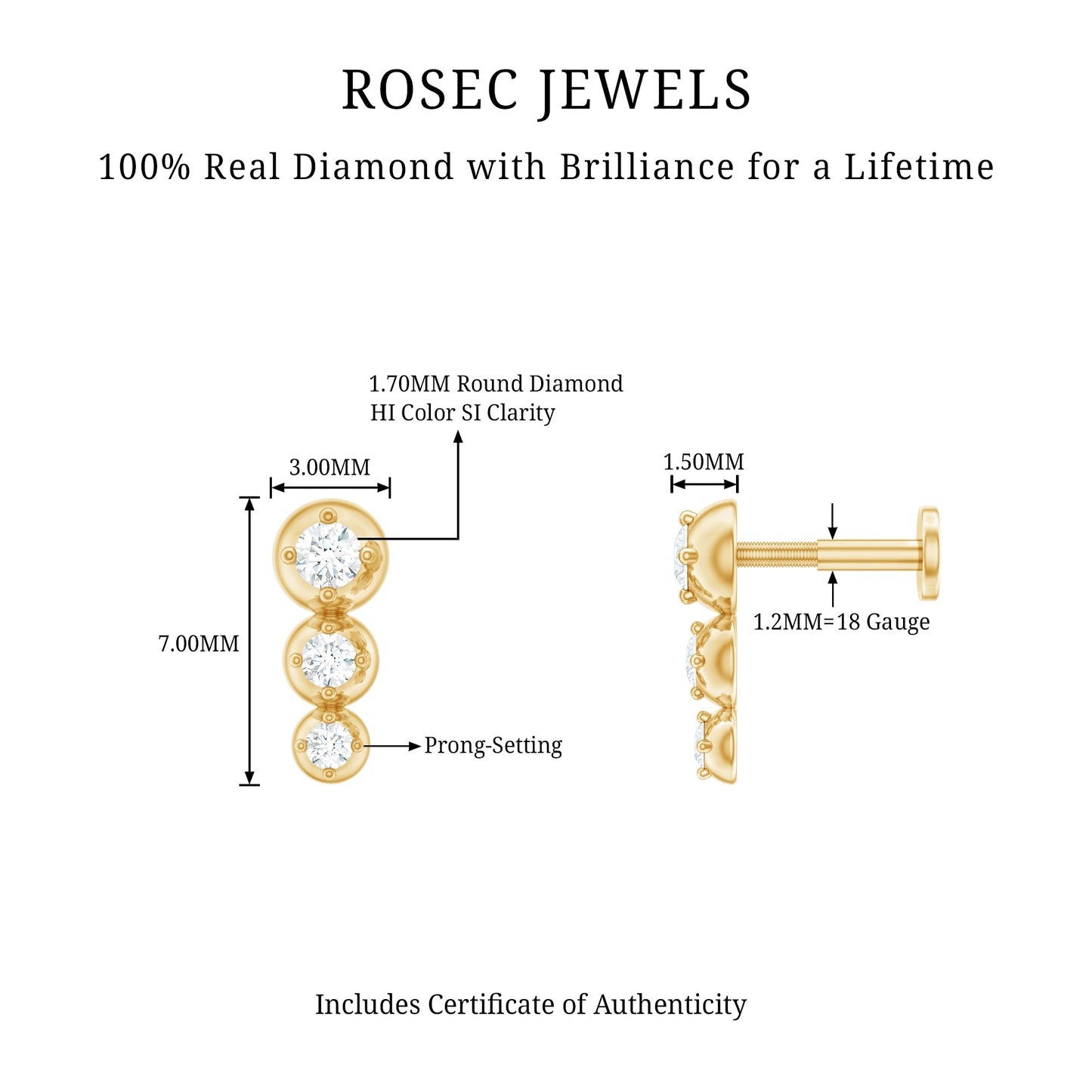 Natural Round Diamond Three Stone Tragus Earring