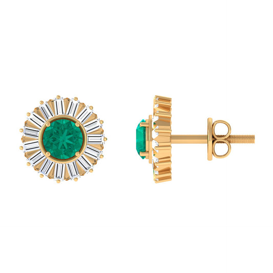 0.9 Carat Emerald Stud Earrings with Baguette Diamond Halo