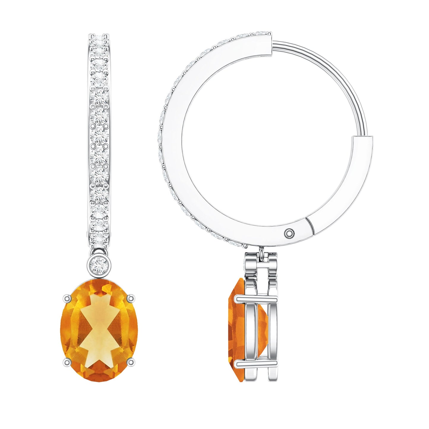Oval Shape Citrine Hoop Drop Earrings with Diamond