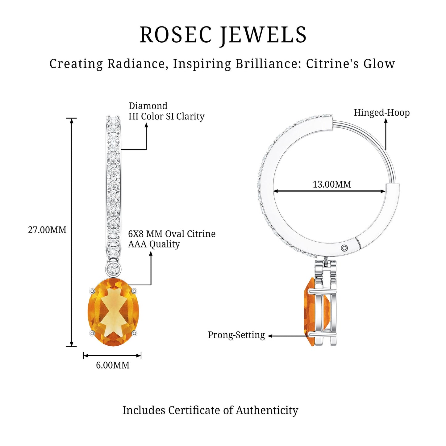 Oval Shape Citrine Hoop Drop Earrings with Diamond