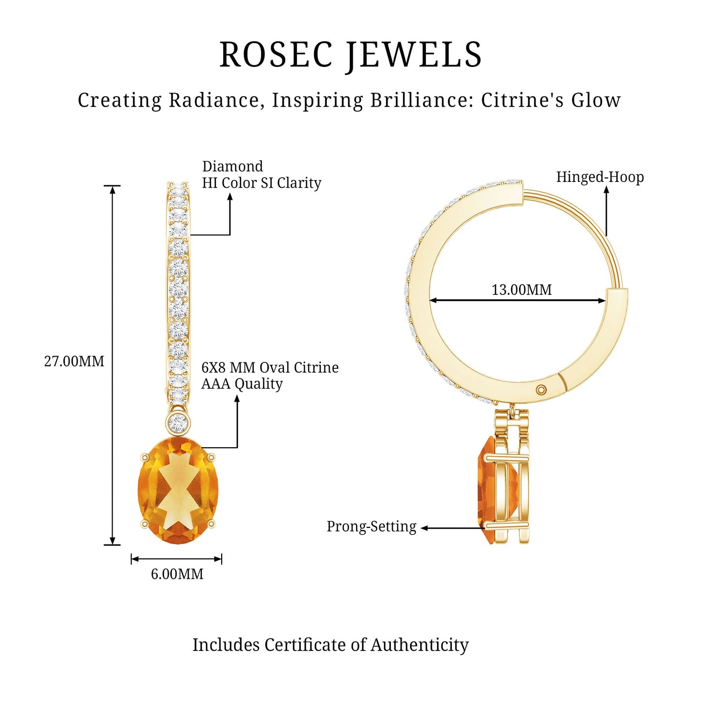 Oval Shape Citrine Hoop Drop Earrings with Diamond