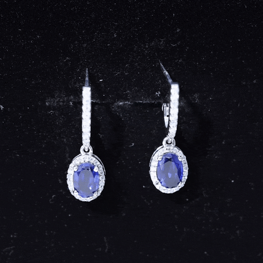 Lab Grown Blue Sapphire Hoop Drop Earrings with Moissanite Halo