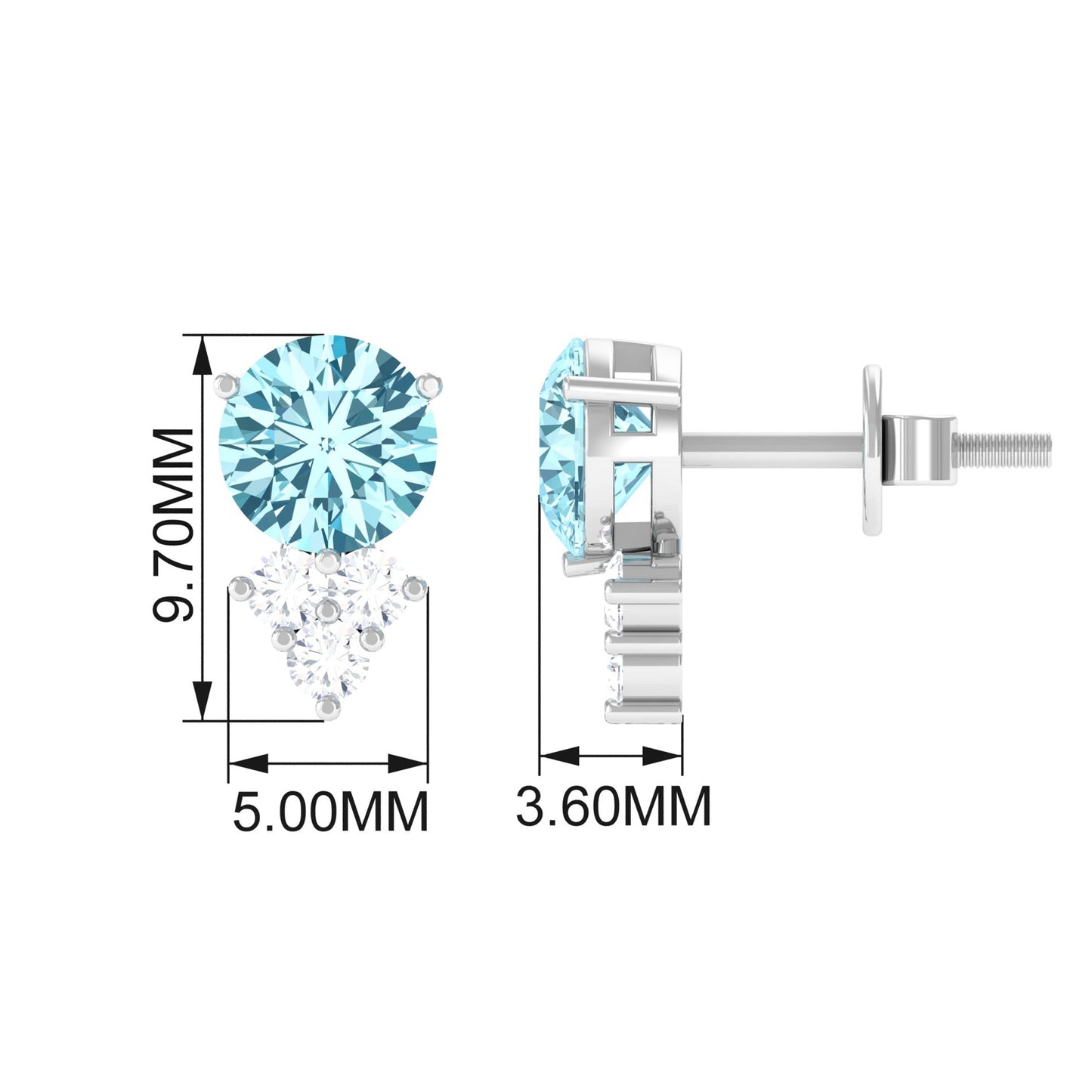 1.6 Carat Natural Aquamarine Stud Earrings with Diamond Trio