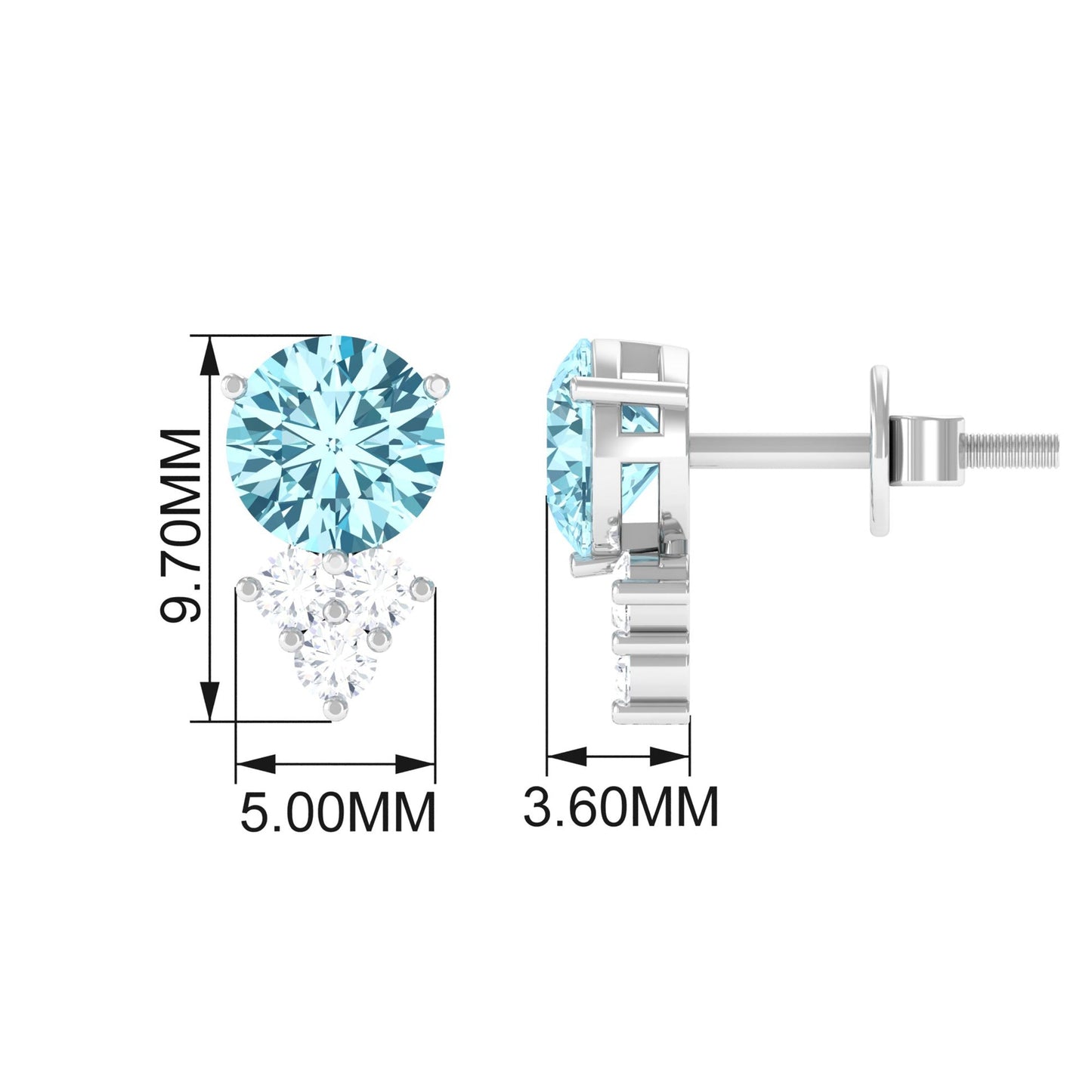 1.6 Carat Natural Aquamarine Stud Earrings with Diamond Trio