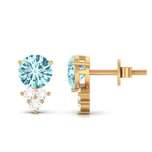 1.6 Carat Natural Aquamarine Stud Earrings with Diamond Trio
