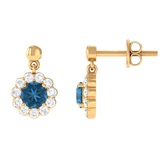 1.2 Carat Real London Blue Topaz and Diamond Flower Halo Drop Earrings