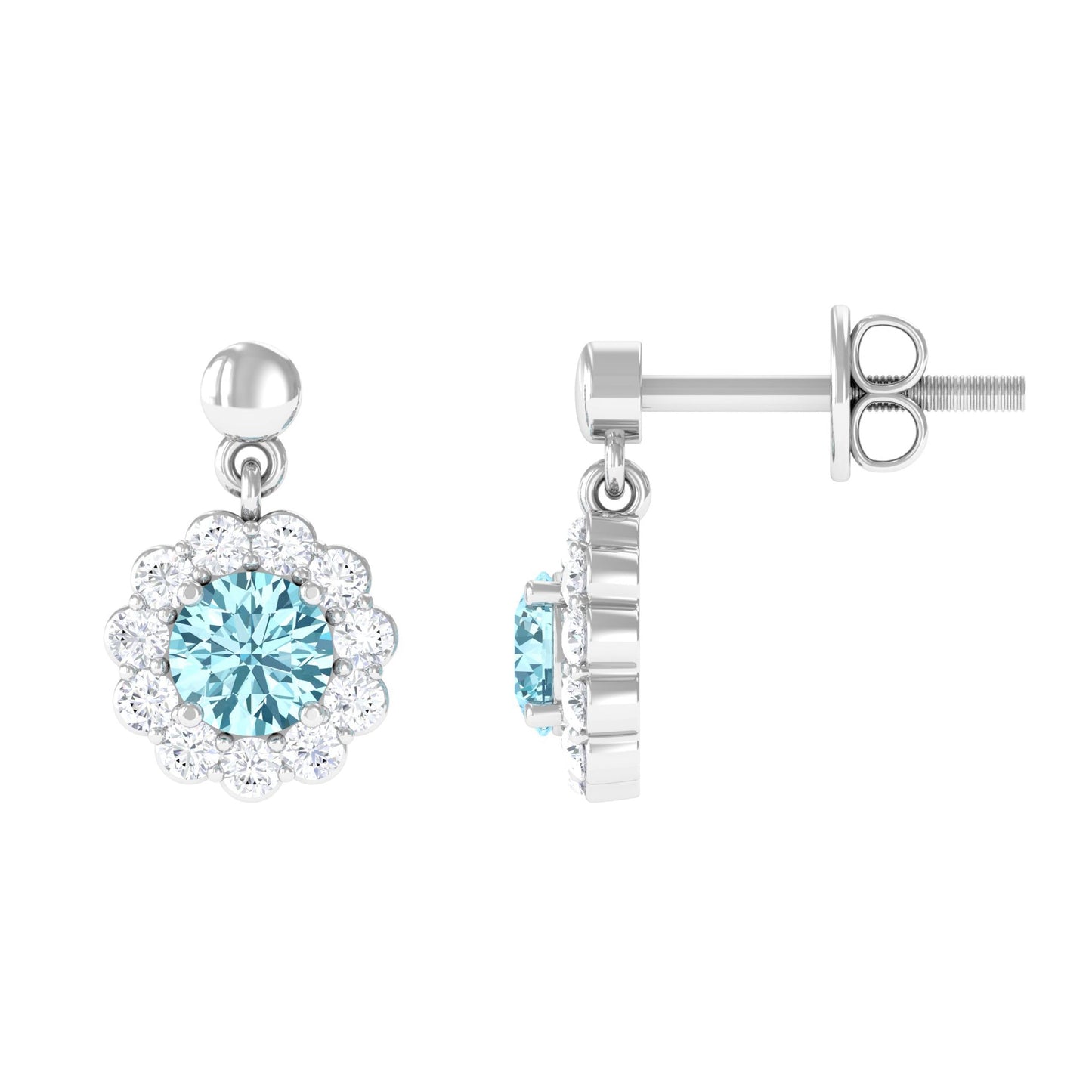 0.5 Carat Real Aquamarine and Diamond Flower Halo Drop Earrings