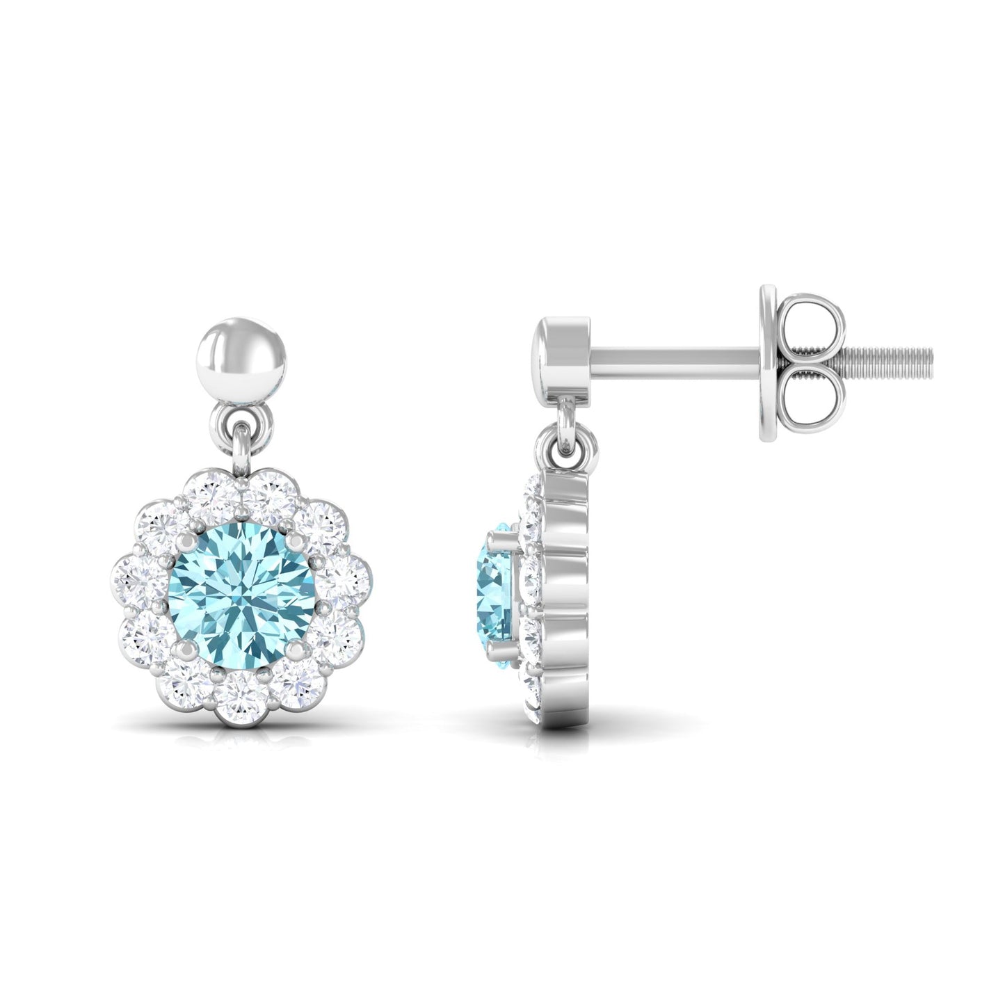 0.5 Carat Real Aquamarine and Diamond Flower Halo Drop Earrings