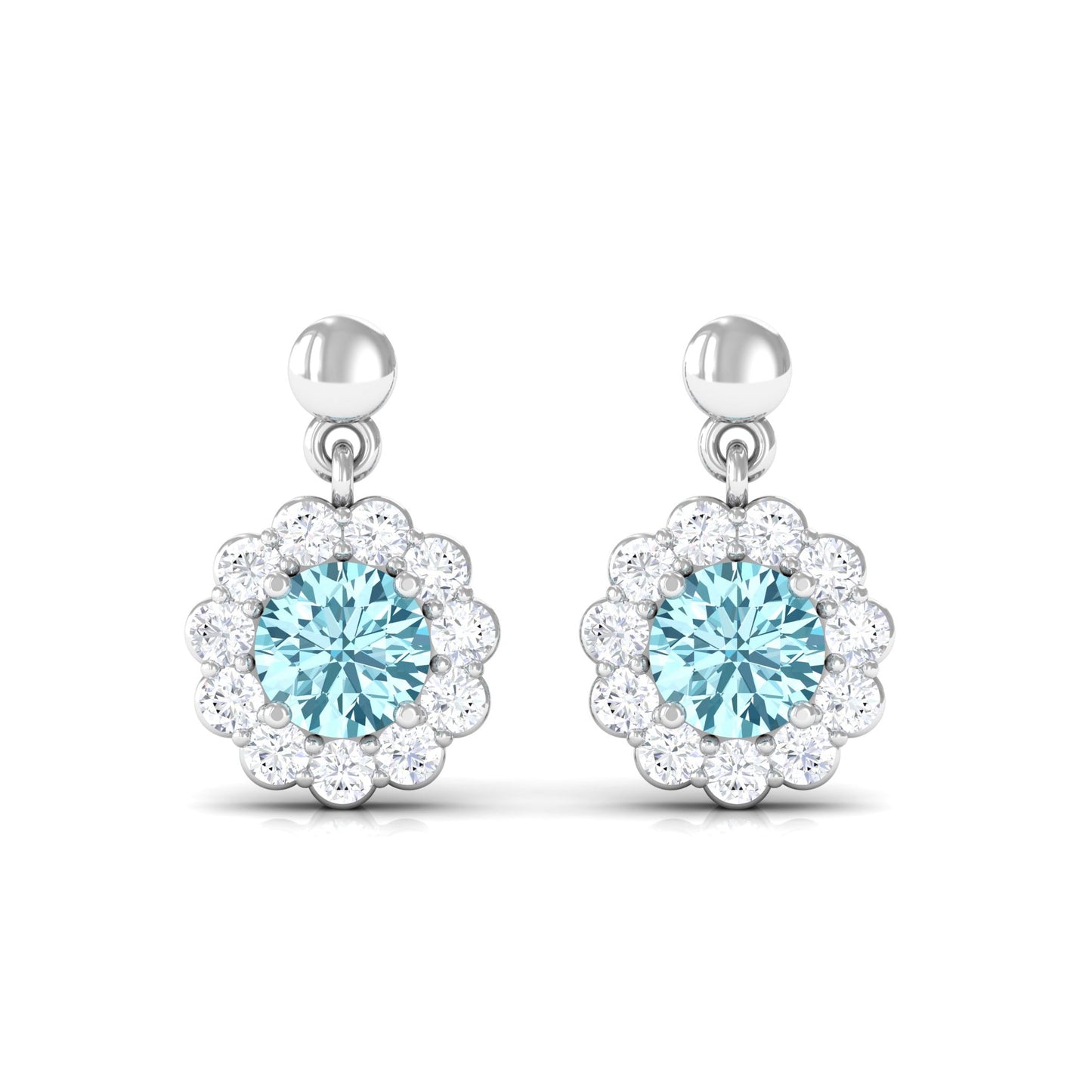 0.5 Carat Real Aquamarine and Diamond Flower Halo Drop Earrings
