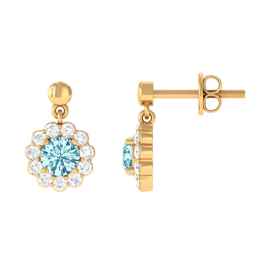 0.5 Carat Real Aquamarine and Diamond Flower Halo Drop Earrings