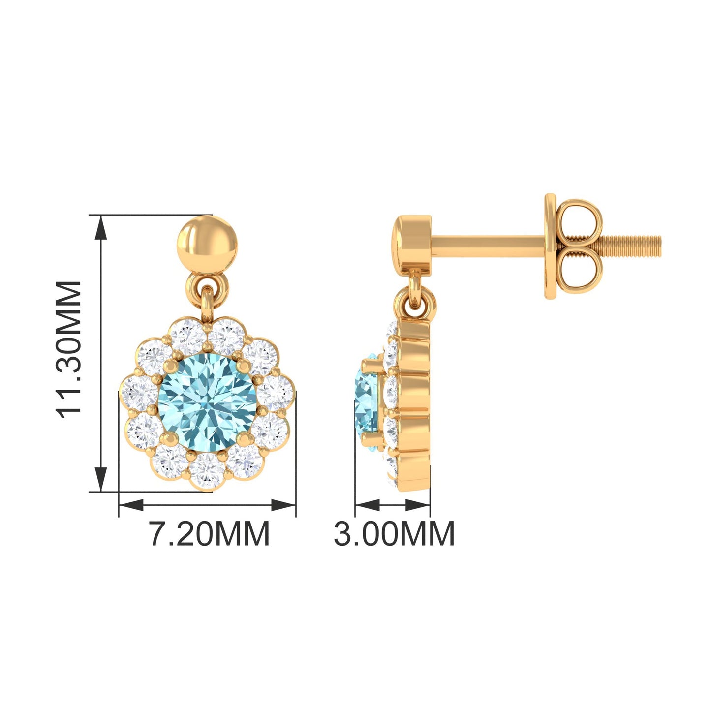 0.5 Carat Real Aquamarine and Diamond Flower Halo Drop Earrings