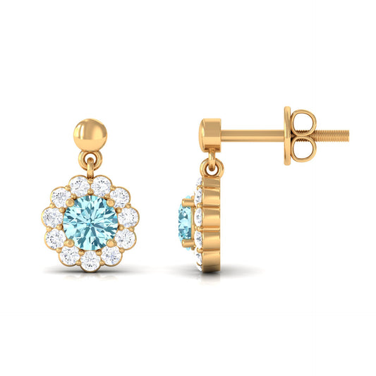 0.5 Carat Real Aquamarine and Diamond Flower Halo Drop Earrings