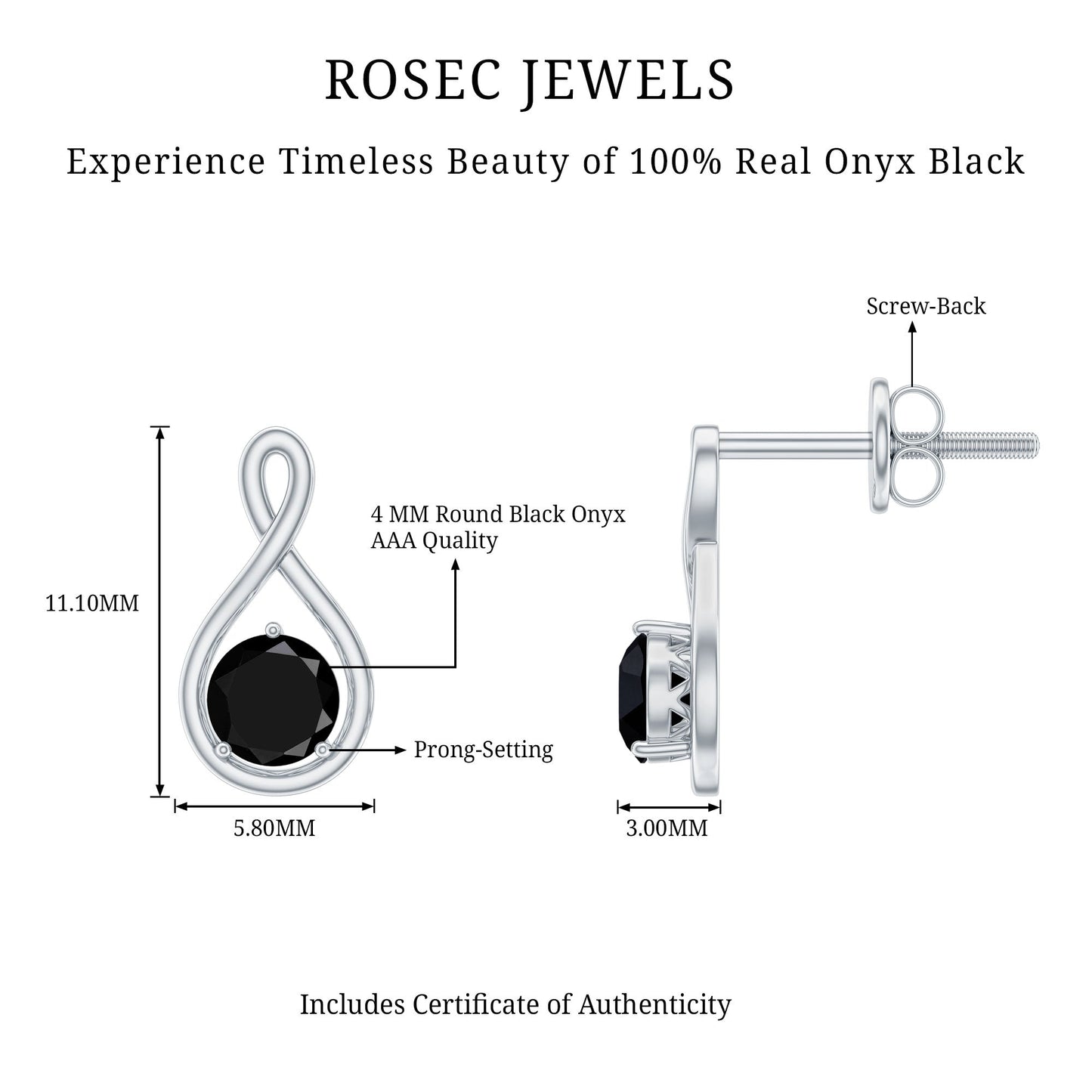 Certified Natural Black Onyx Infinity Earrings with Screw Back