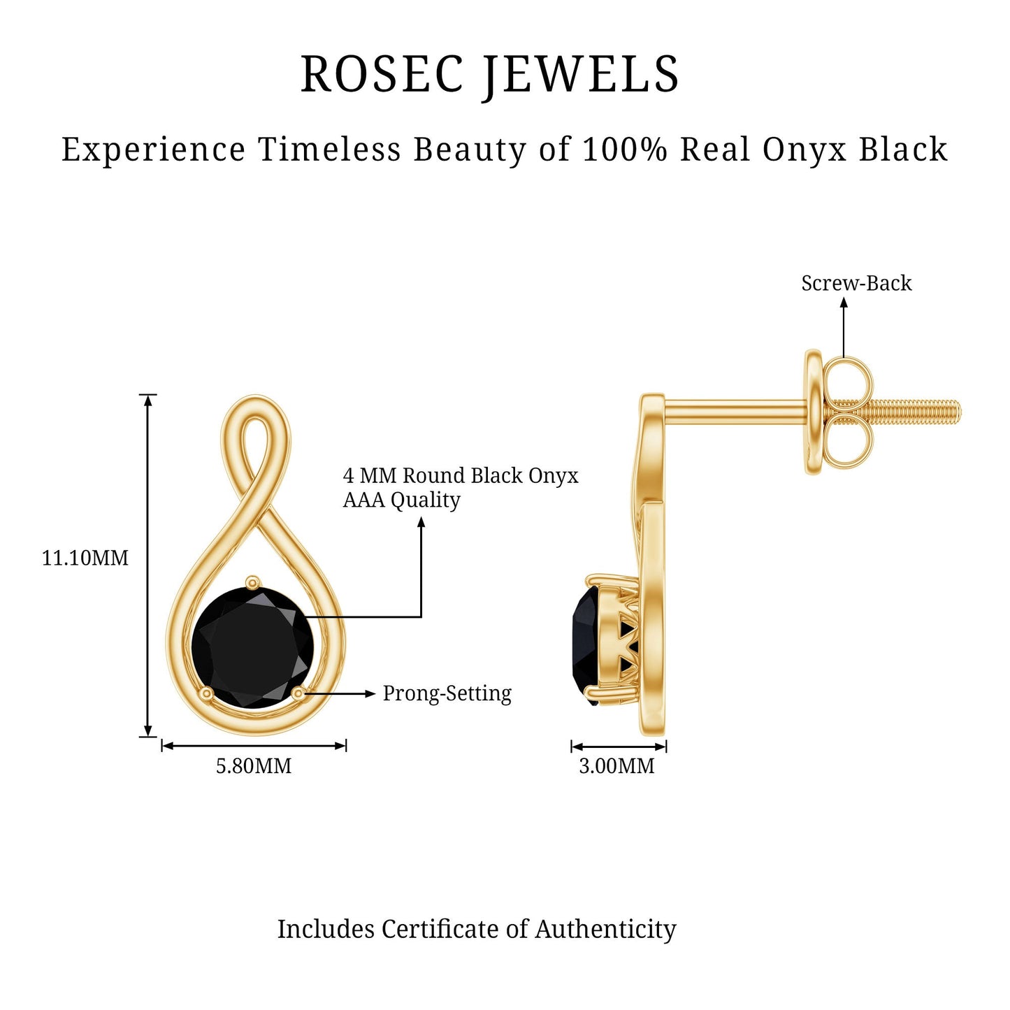 Certified Natural Black Onyx Infinity Earrings with Screw Back