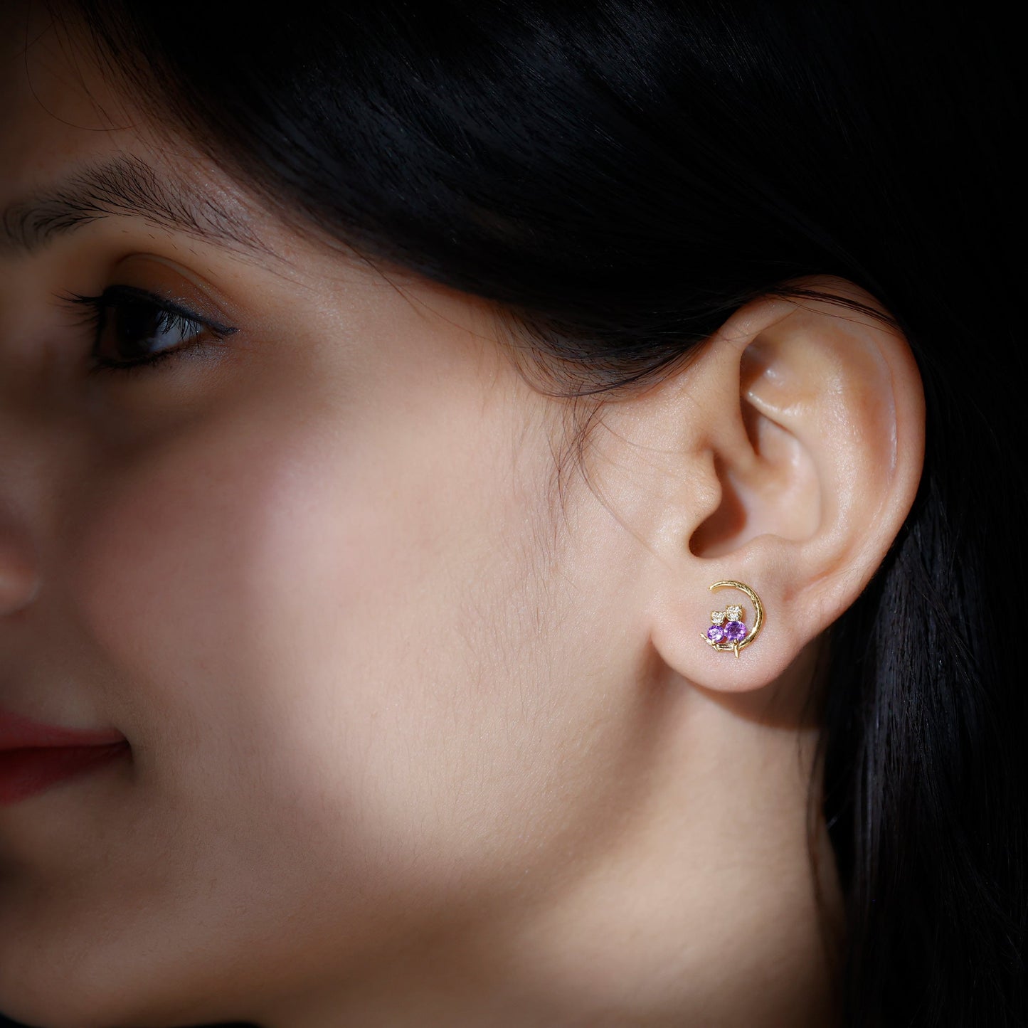Natural Amethyst and Diamond Cat on Moon Stud Earrings