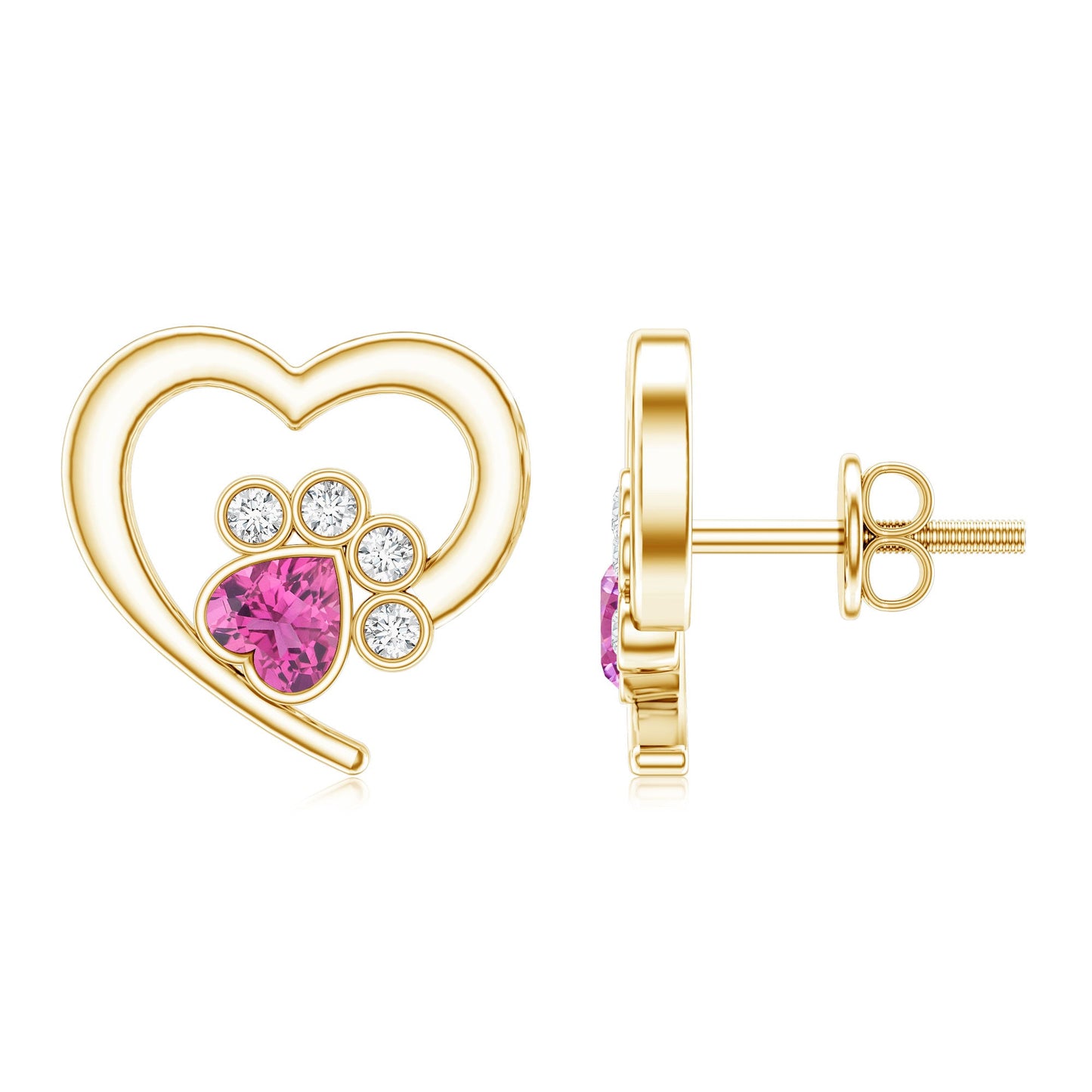 Heart Shape Pink Tourmaline and Diamond Dog Paw Stud Earrings