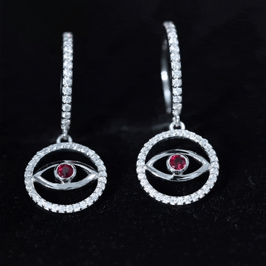 Lab Created Ruby and Moissanite Evil Eye Hoop Drop Earrings